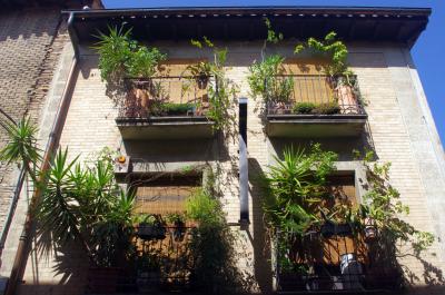 Fachada de balcones floridos
